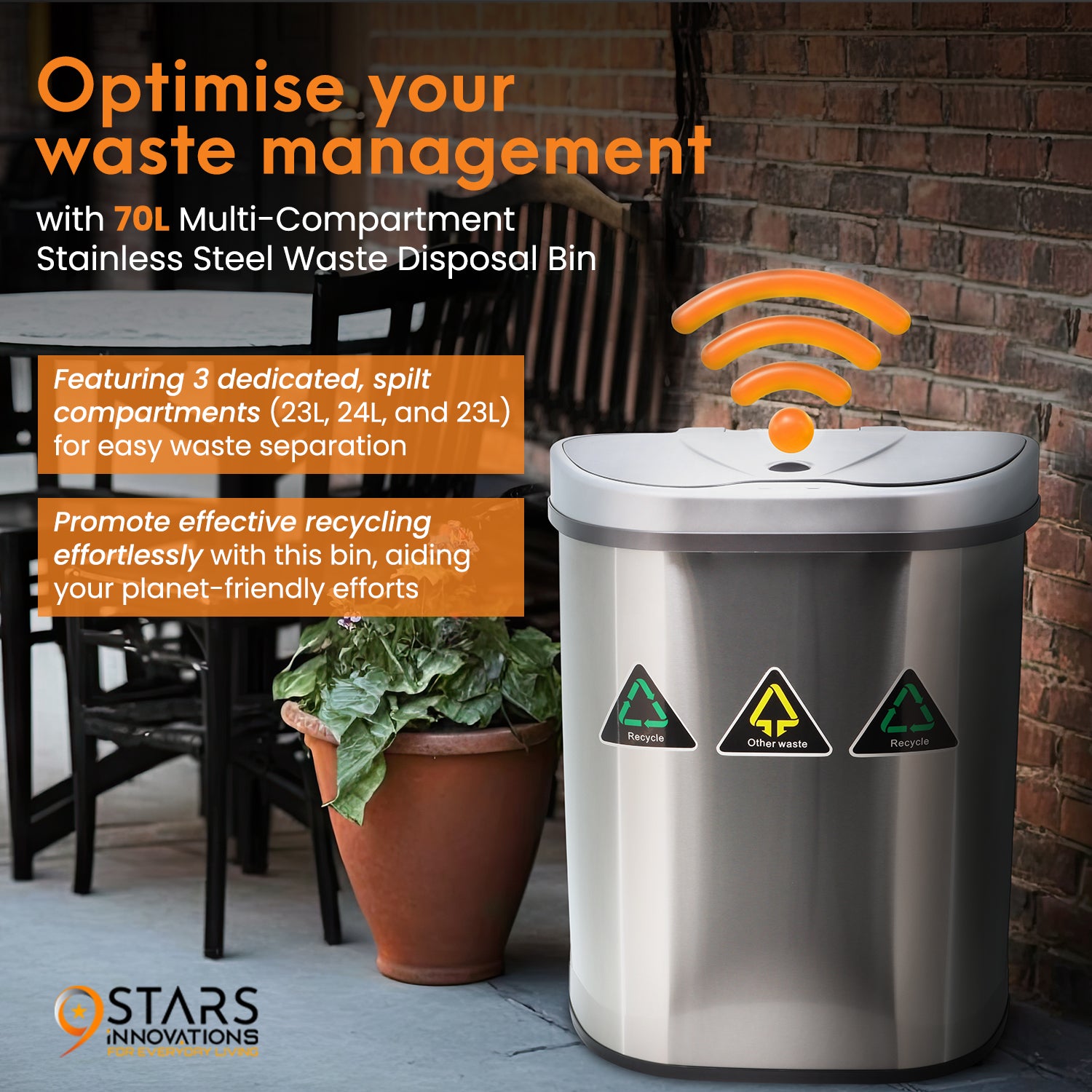 Large Triple Compartment Recycling Bin - 70L