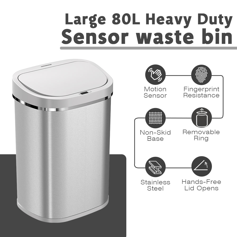 Large 80L Heavy Duty Kitchen Sensor Waste Bin