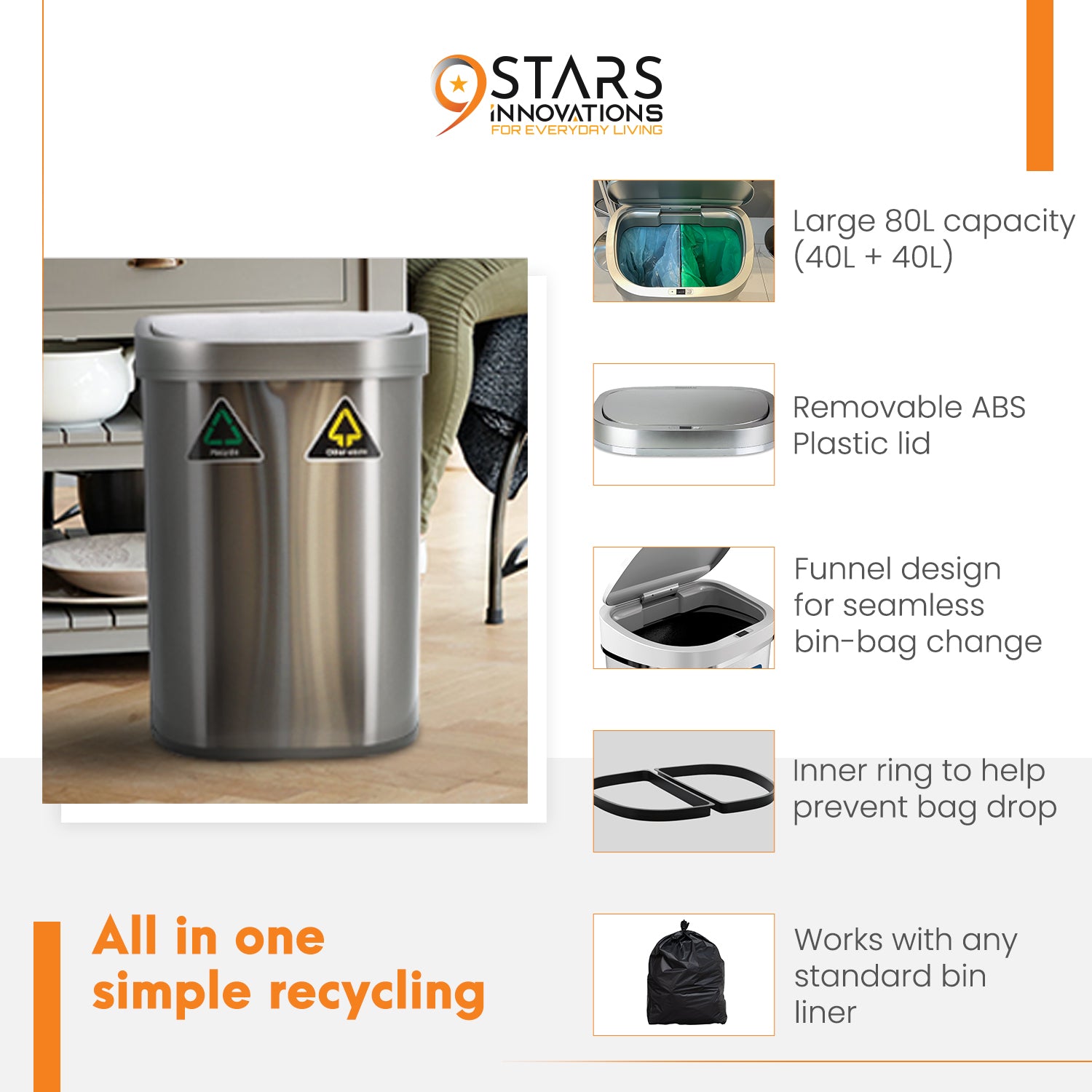 Recycling Bin Set, 80L with twin spilt compartments and 8L food bin